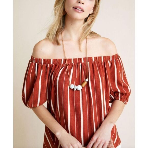 Anthropologie Elodie Top Womens Medium M Terra Cota Striped Off Shoulder Blouse‎ - Picture 1 of 12
